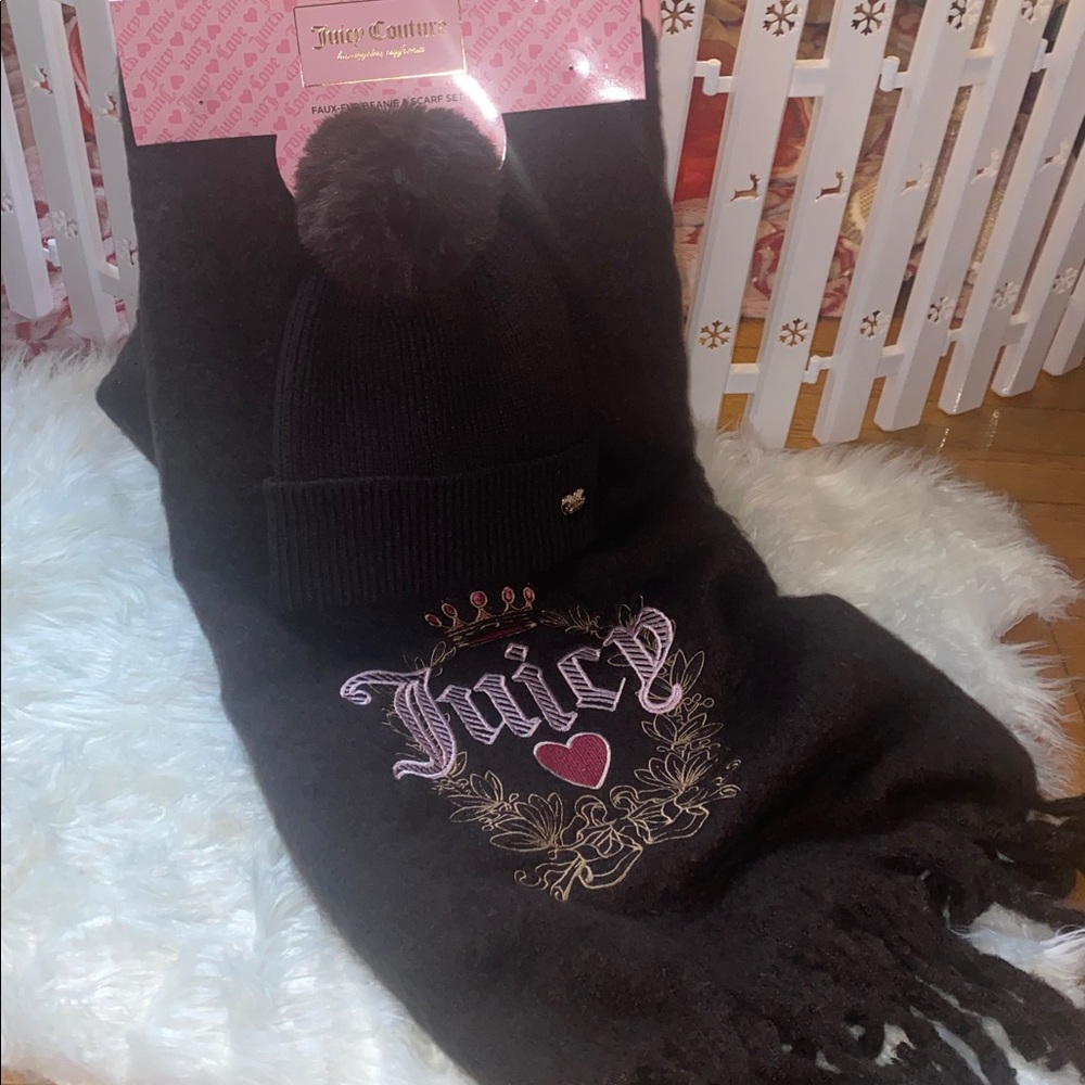 Juicy Couture Soft Faux-Fur Beanie Hat & Scarf Set Chocolate and Pink
